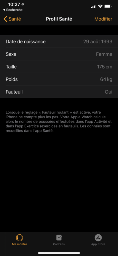 fiche santé Apple Watch accessibilité