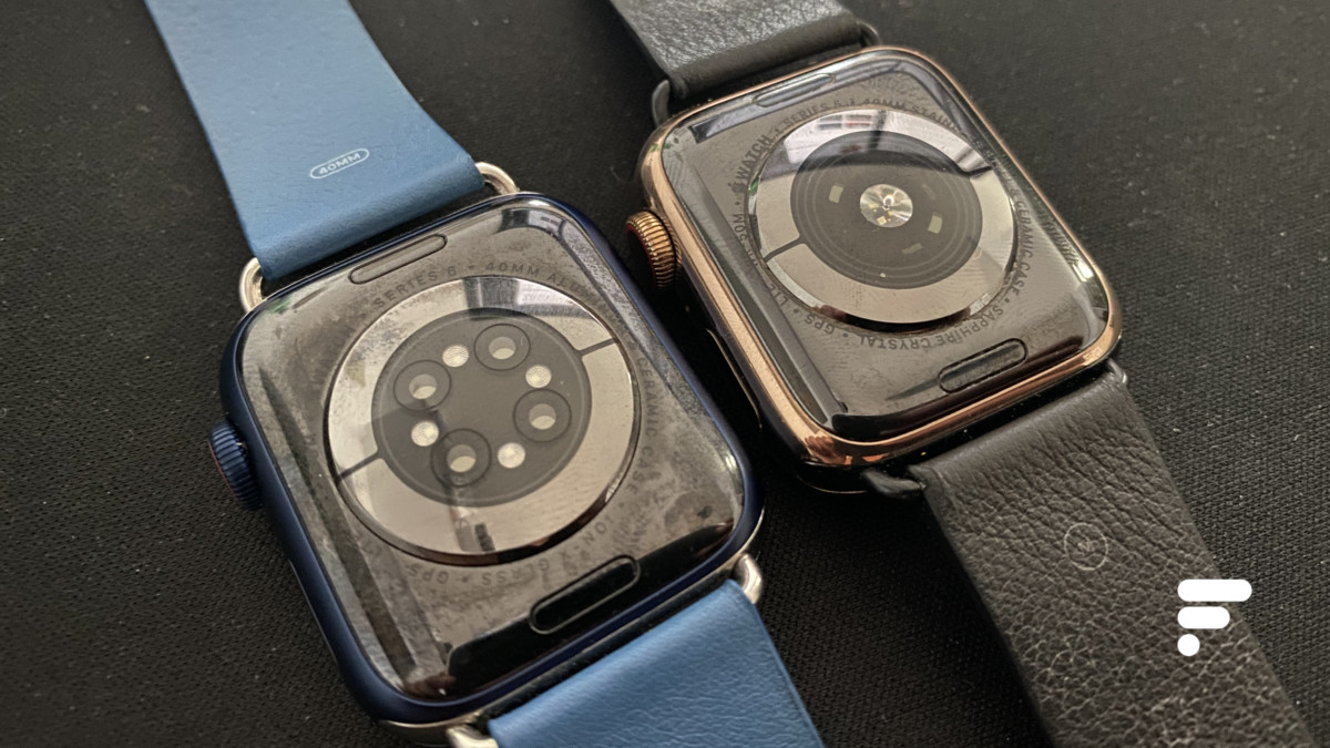 De gauche à droite : le dos de l'Apple Watch Series 6 et celui de l'Apple Watch Series 5