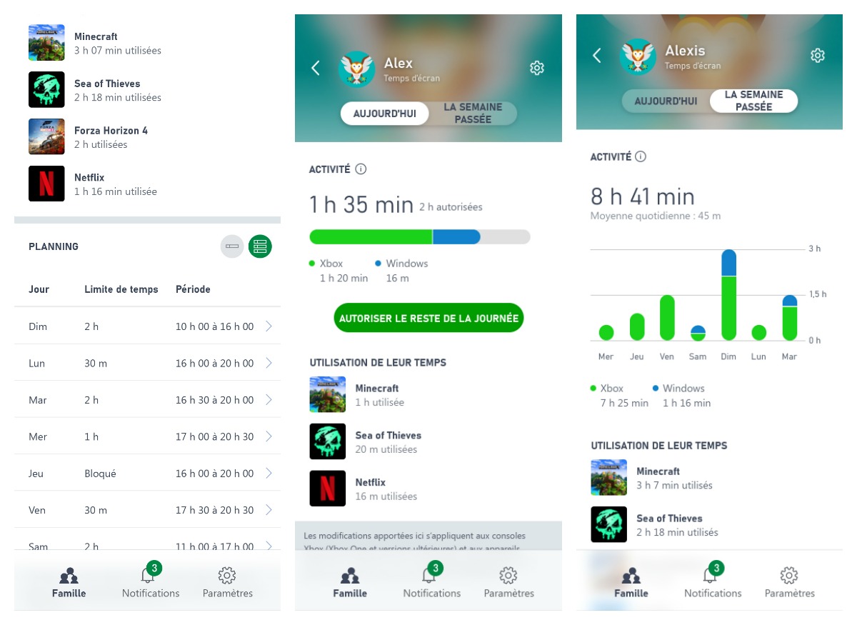 La gestion du temps d'écran de l'enfant sur l'app Family Settings // Source : Xbox