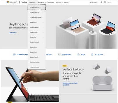 La page de Microsoft annonçant les nouveaux produits après l'événement d'octobre 2019