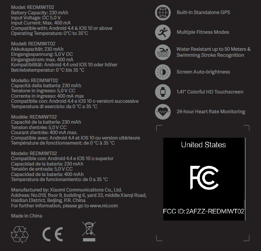 Caractéristiques Xiaomi Mi Watch Lite