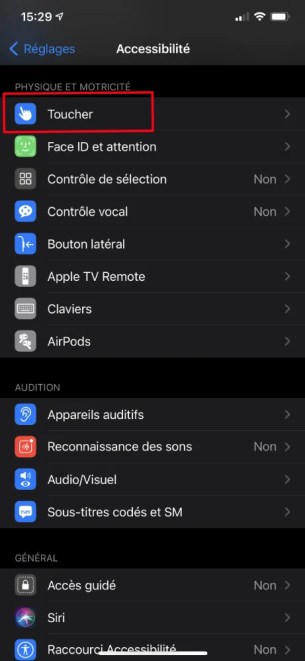 Menu iOS 14 toucher le dos accessibilité raccourcis