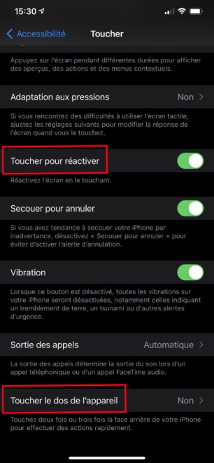 Menu iOS 14 toucher le dos accessibilité raccourcis