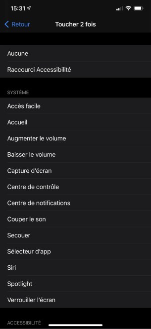 Menu iOS 14 toucher le dos accessibilité raccourcis option tape