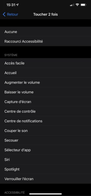 Menu iOS 14 toucher le dos accessibilité raccourcis option tape