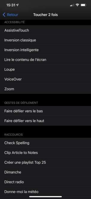 Menu iOS 14 toucher le dos accessibilité raccourcis