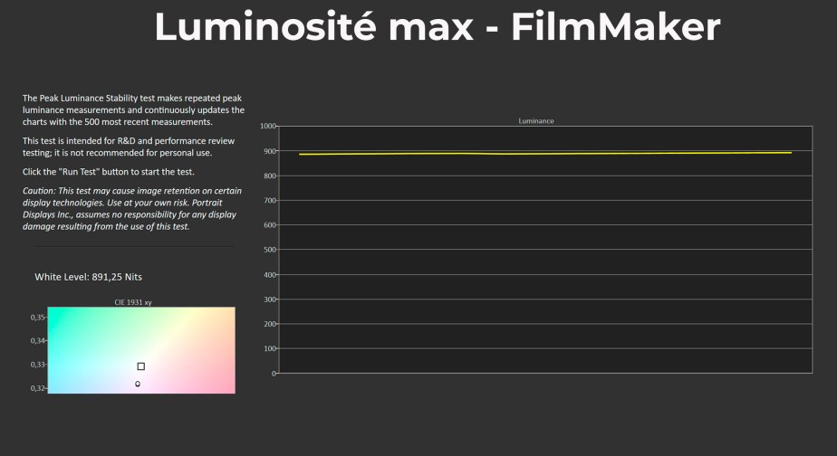 La luminosité maximale mesurée sous le mode FilmMaker - Mire à 10%