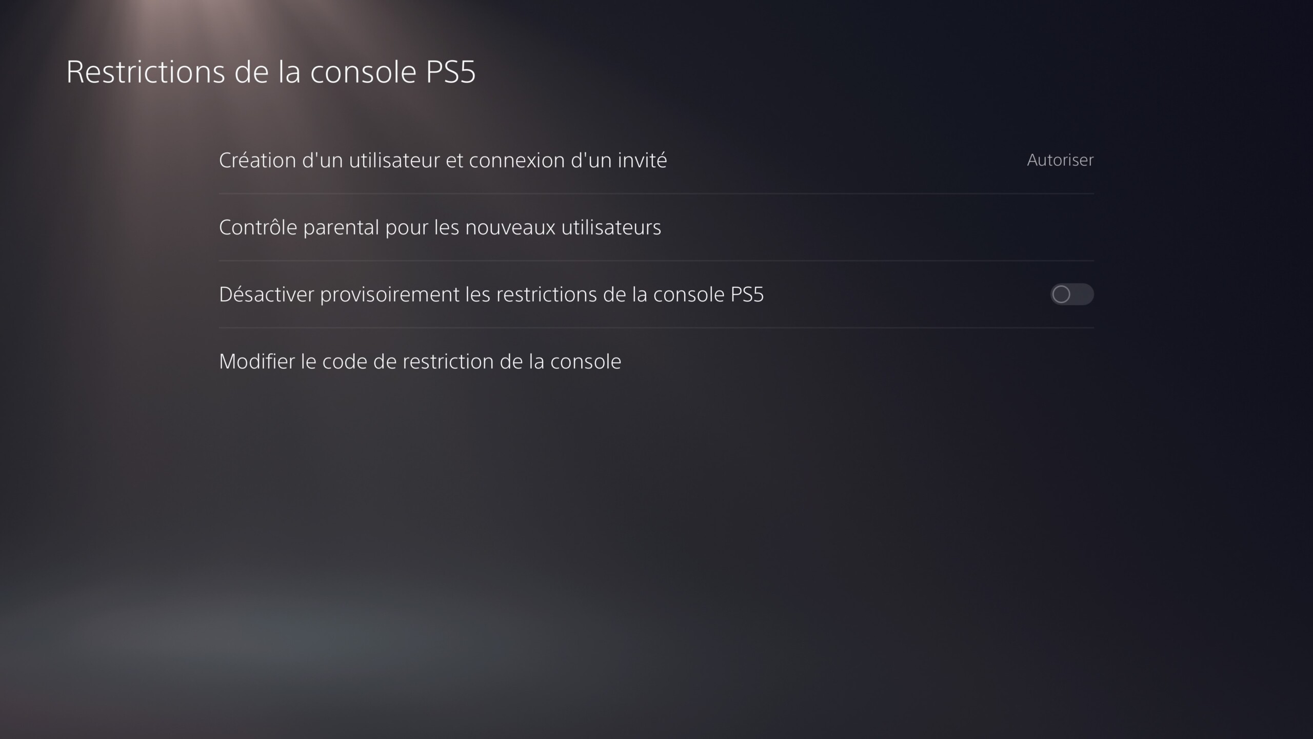 L'écran de gestion du contrôle parental sur PS5