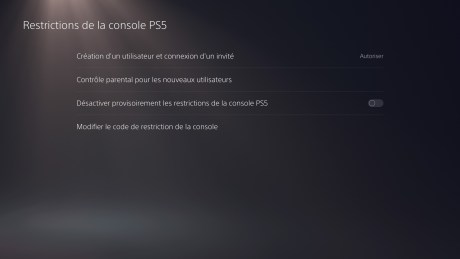 L'écran de gestion du contrôle parental sur PS5