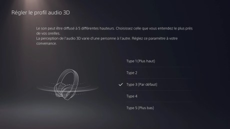 Vous pouvez choisir parmi 5 profiles audio 3D sur la PS5