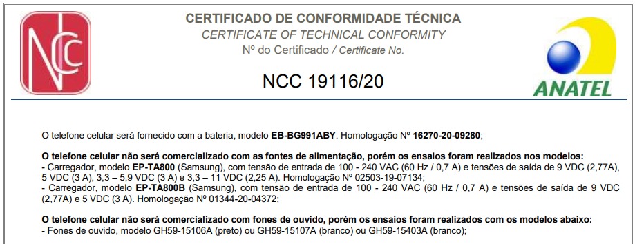 Certification Anatel Galaxy S21