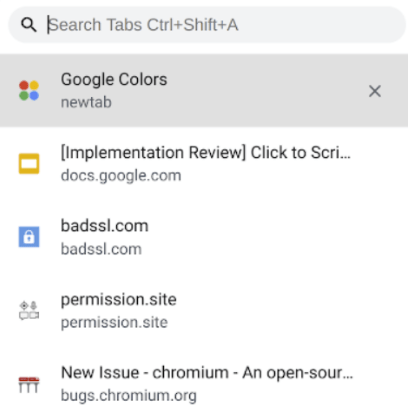 La liste des onglets ouverts dans le moteur de recherche de Chrome OS 87