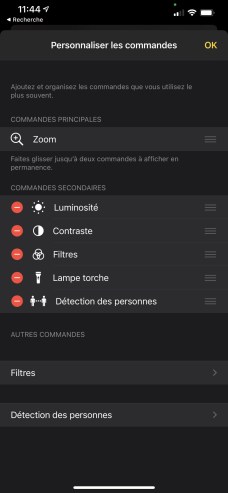 Le menu de réglages de l'app Loupe