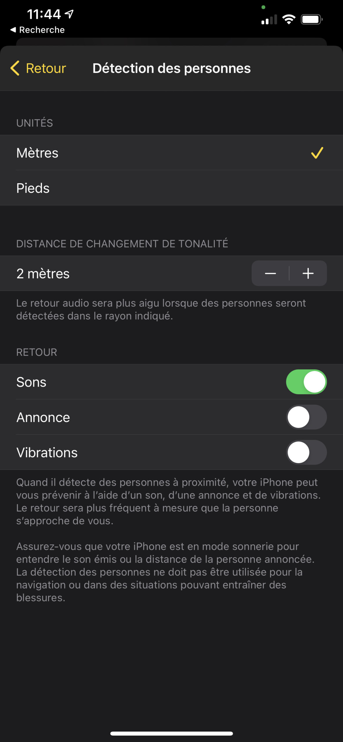 Les paramètres pour la détection de personne sur iPhone 12 Pro