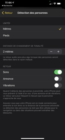 Les paramètres pour la détection de personne sur iPhone 12 Pro