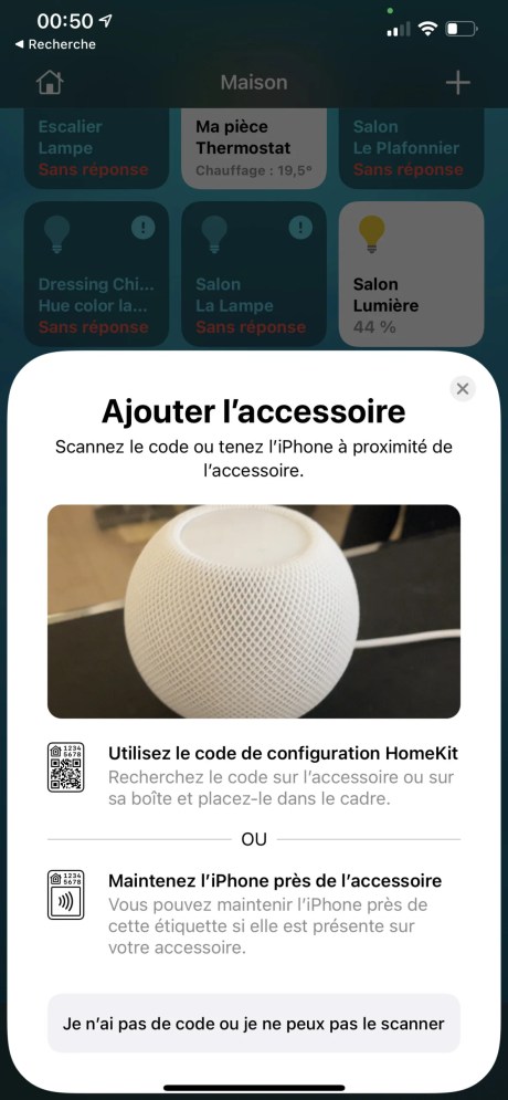 Il est possible de configurer le HomePod mini depuis l'app Maison