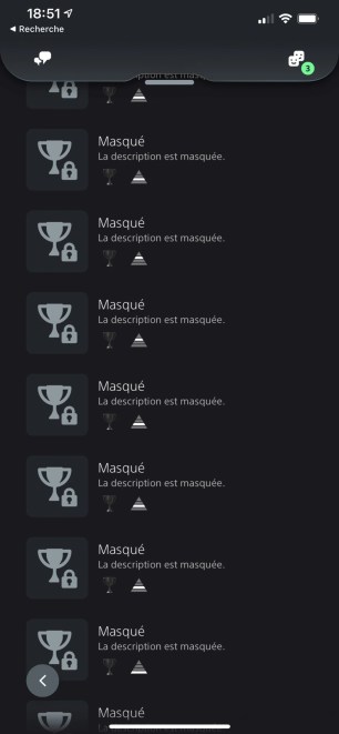 La liste des trophées masqués d'un jeu sur la PS App