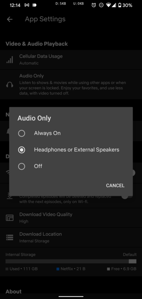 Le paramétrage de la version audio seulement de Netflix