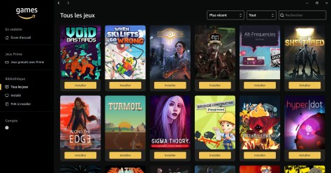 L'interface d'Amazon Games pour récupérer les jeux PC offerts aux abonnés Prime