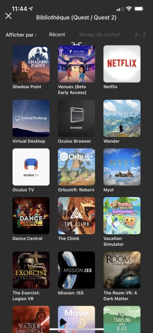 Bibliothèque contenus app oculus quest 2