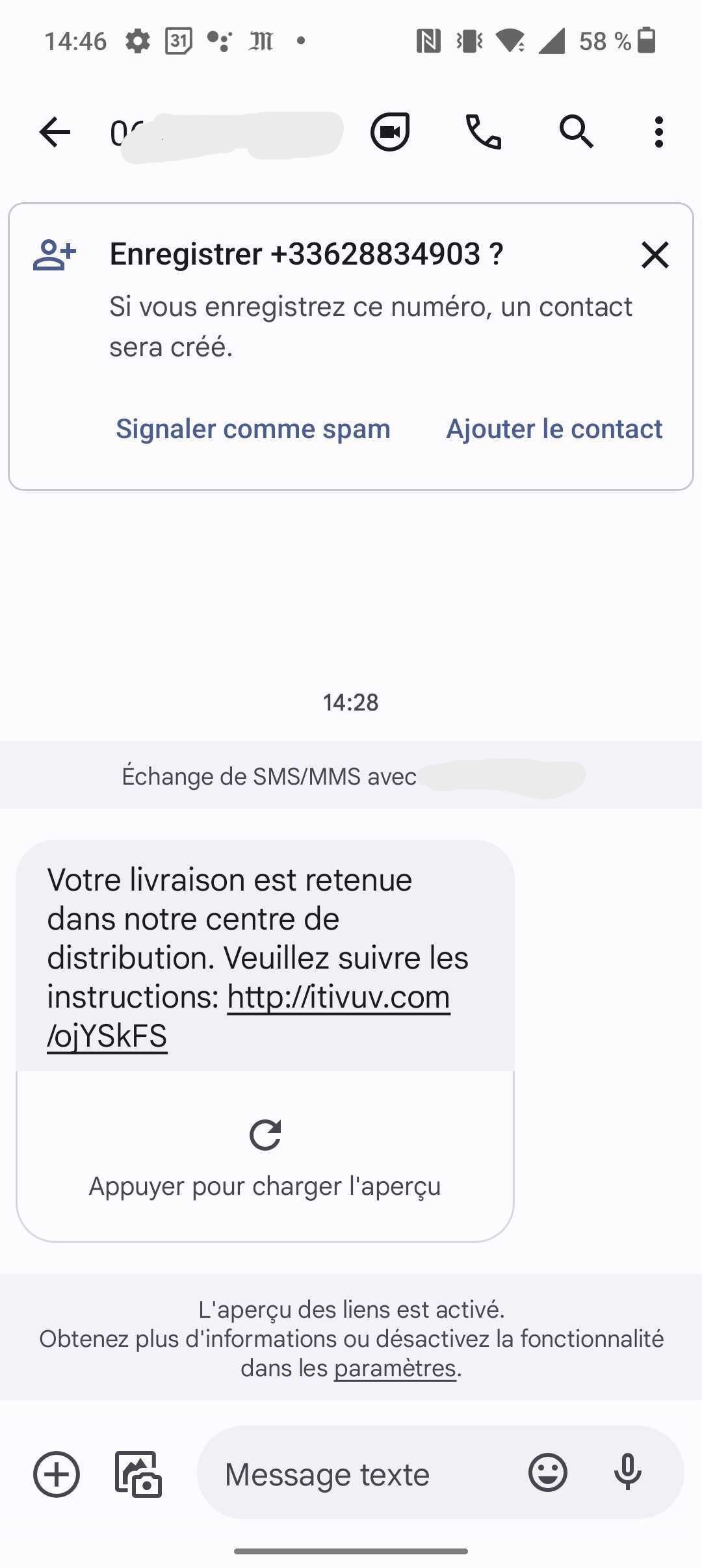 Ce SMS frauduleux vous emmenant immédiatement vers un lien pose question. La présence d'un 06 ou d'un 07 doit toujours éveiller votre attention.