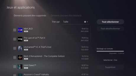 Les jeux stockés sur la PS5 DE
