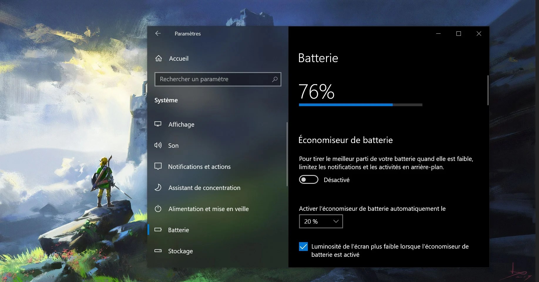 Menu Batterie Windows 10