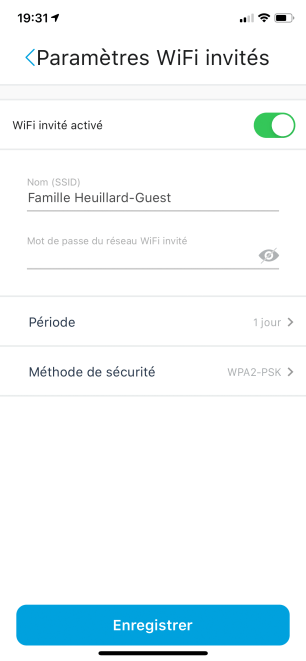 Le réseau Wi-Fi invité peut se désactiver automatiquement après 1 h, 1 jour ou 1 semaine