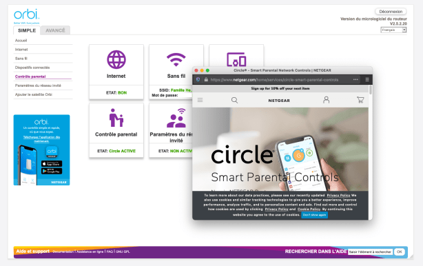 Un clic sur contrôle parental ouvre la page de présentation du service Circle dans un petit popup, plutôt que dans un nouvel onglet