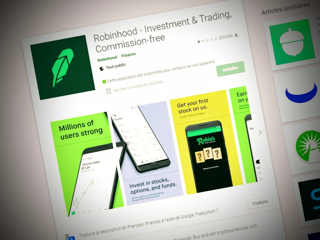 L'application Robinhood sur le Google Play Store