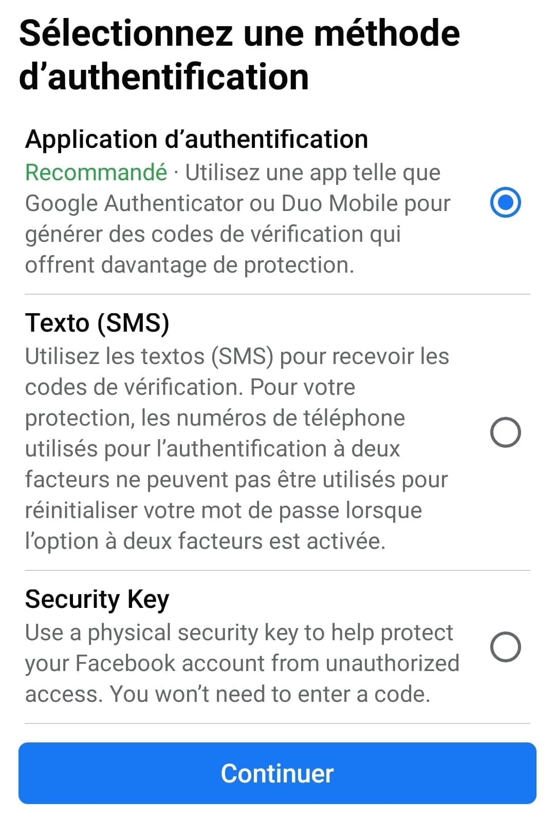 Facebook clé de sécurité