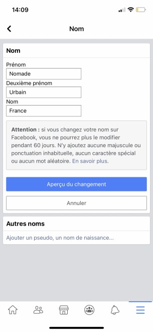 Comment changer son nom sur Facebook de son appli smartphone 06