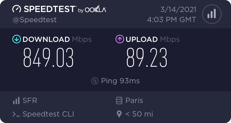 Exemple de débit avec la 5G de SFR en vue directe, via USB