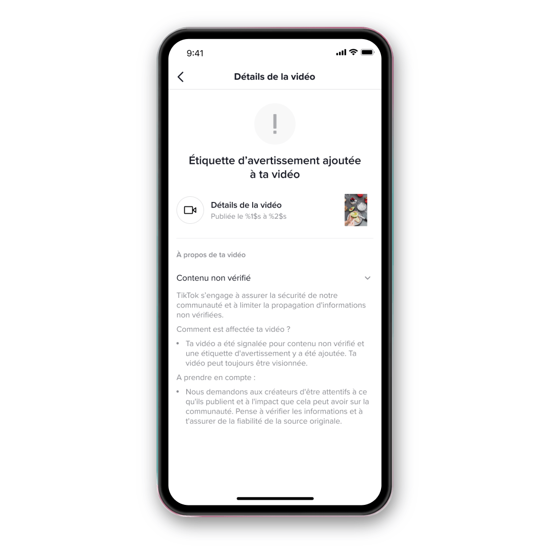 Notification d'une vidéo suspecte // Source : TikTok