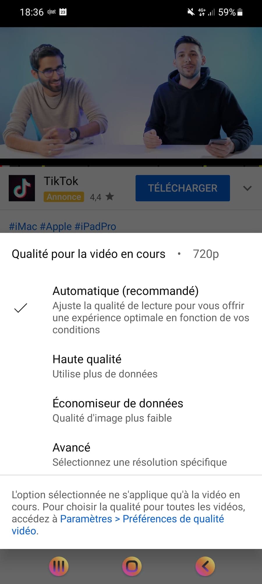 L'application Youtube ajoute de nouveaux contrôles pour la qualité des vidéos. // Source : Frandroid