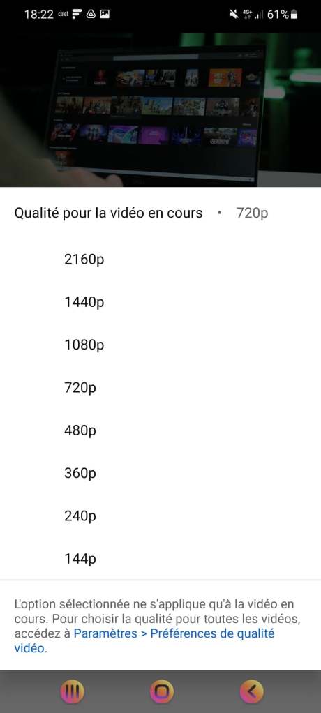 L'application Youtube ajoute de nouveaux contrôles pour la qualité des vidéos. // Source : Frandroid