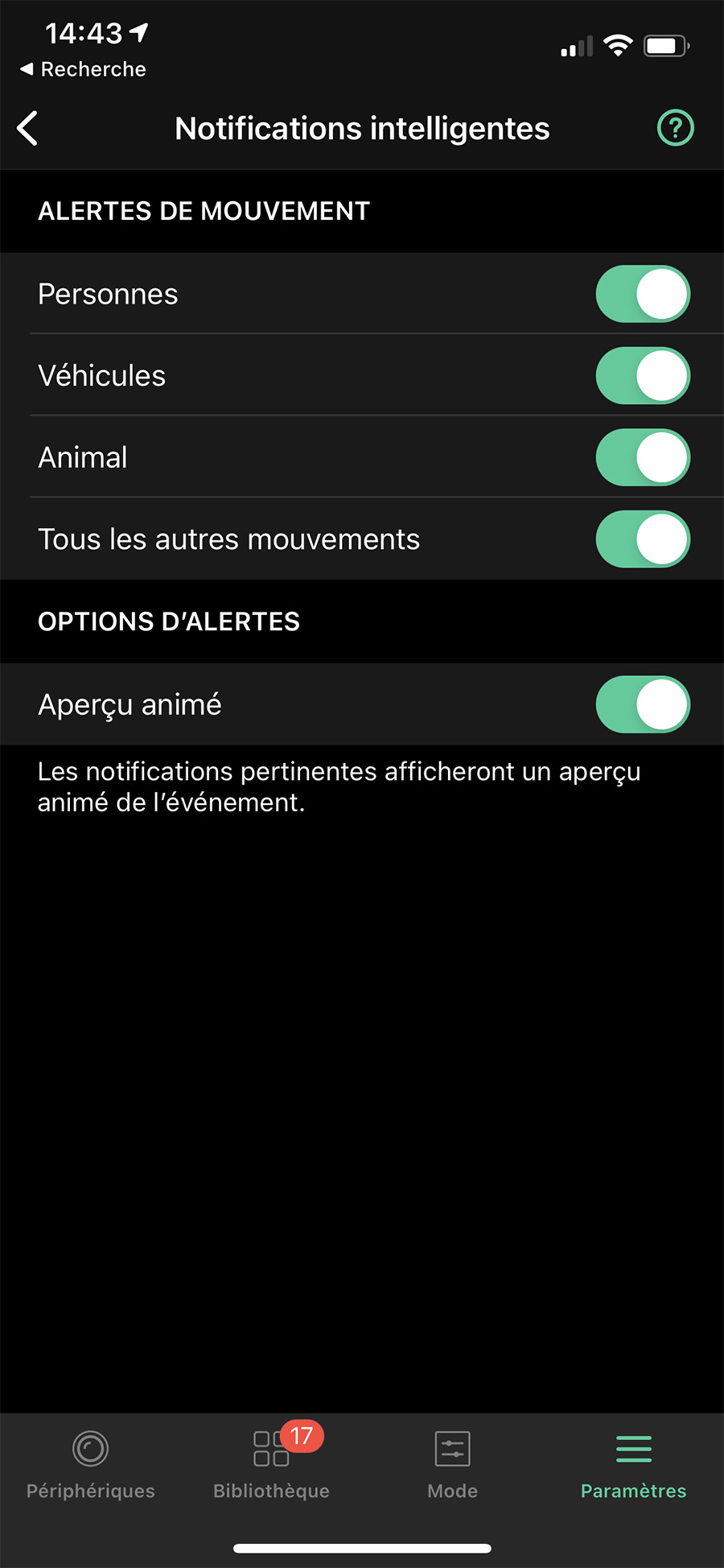 Régler les notification sur l'app Arlo // Source : Frandroid / Yazid Amer