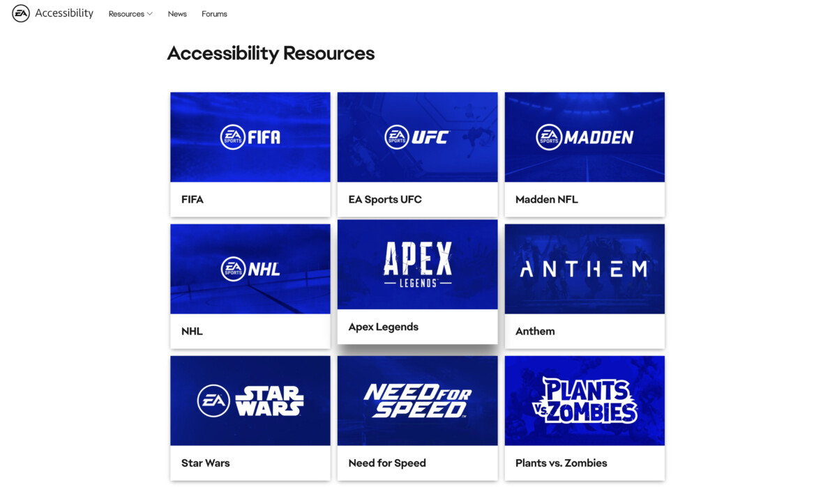 La liste des jeux EA disposant d'un guide d'accessibilité
