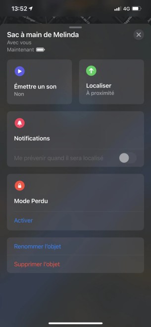 La fiche de votre objet enregistré dans lapp appLocaliser // Source : FRANDROID