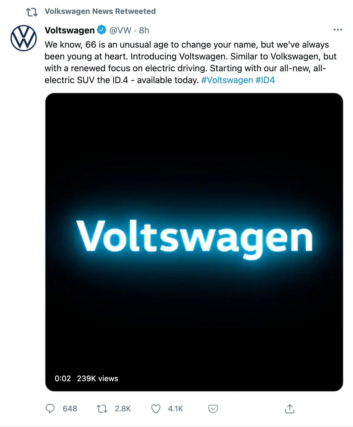 Capture d'écran d'un tweet de Volkswagen