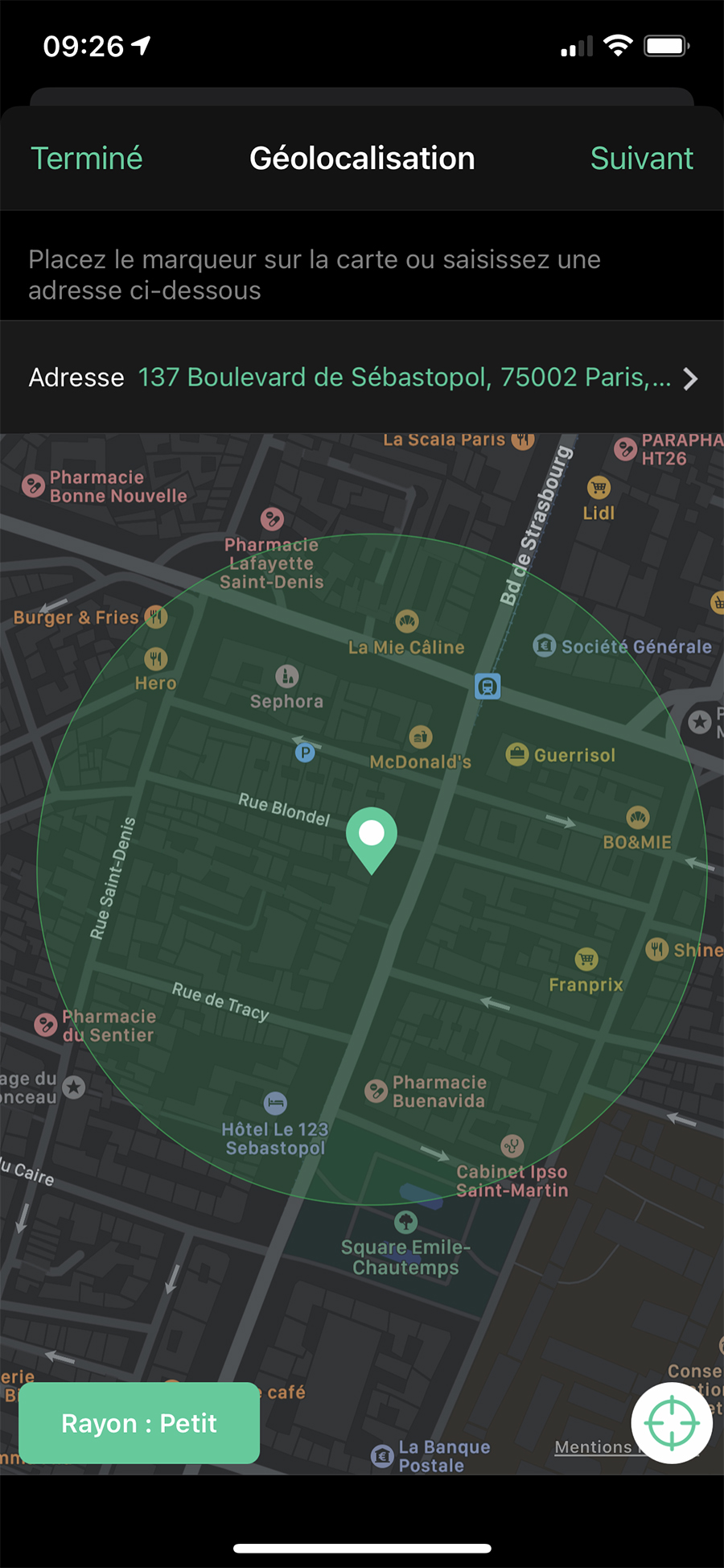 Le Mode Géolocalisation avec un rayon Petit dans l'app // Source : Frandroid / Yazid Amer