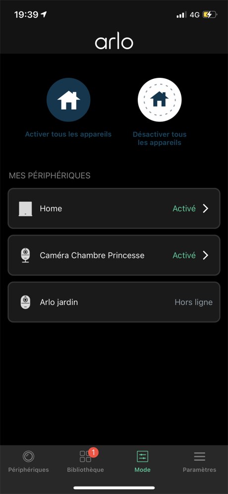 L'onglet Mode de l'app Arlo // Source : Frandroid / Yazid Amer