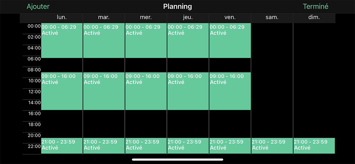 L'onglet Mode Planning de l'app Arlo