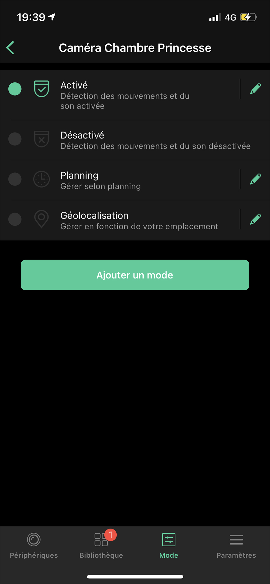 L'onglet Mode de l'app Arlo // Source : Frandroid / Yazid Amer