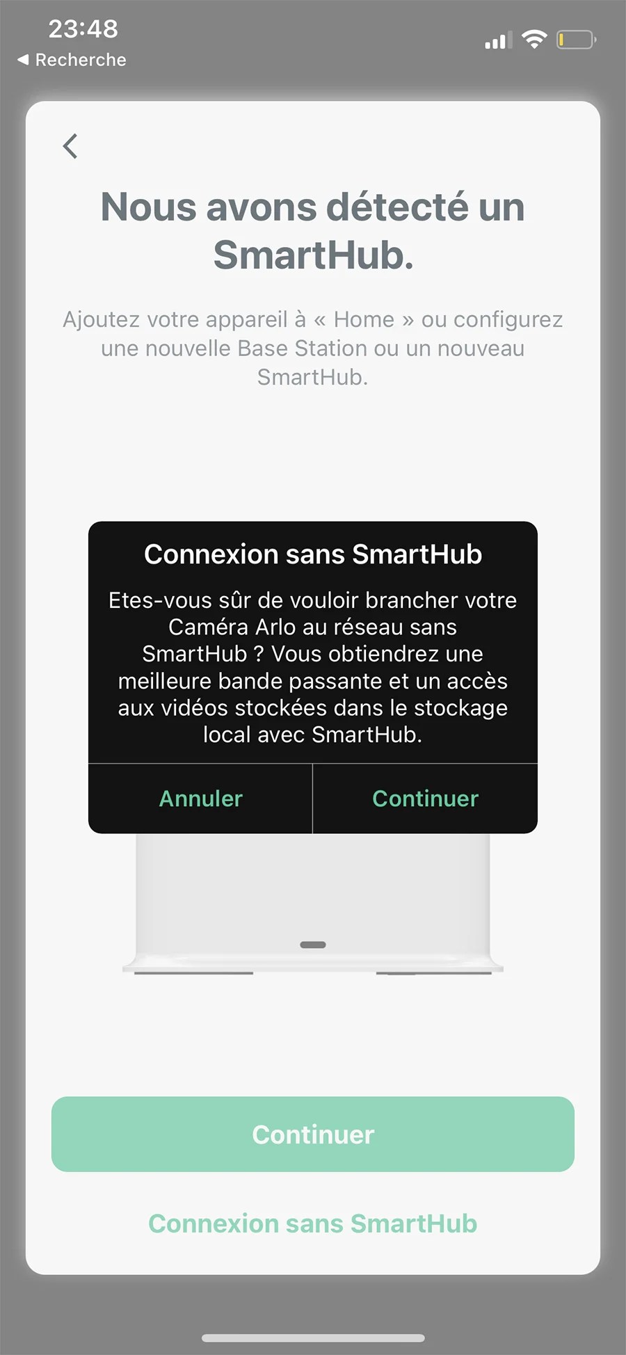 La détection du Smart Hub dans l'App Arlo // Source : Frandroid / Yazid Amer