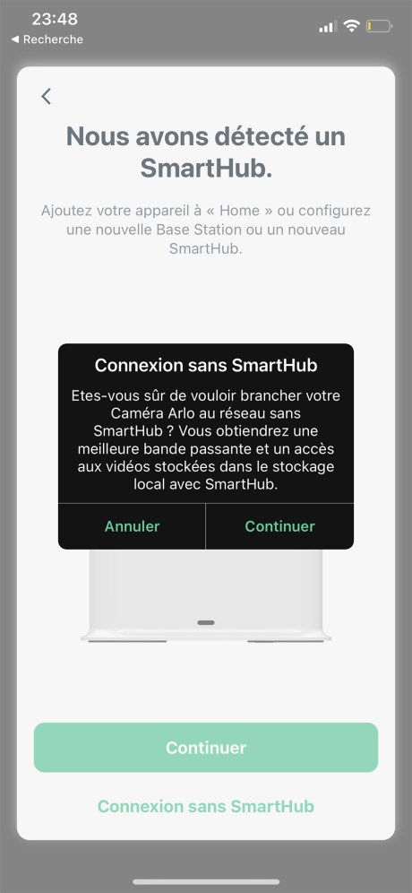 La détection du Smart Hub dans l'App Arlo // Source : Frandroid / Yazid Amer