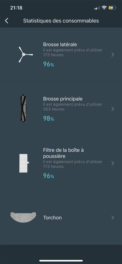 Cette page nous indique quand changer les consommables mais les estimations nous semblent très optimistes // Source : Frandroid / Yazid Amer Cette page nous indique quand changer les consommables mais les estimations nous semblent très optimistes // Source : Frandroid / Yazid Amer