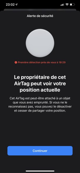 Message lorsqu'un AirTag ne vous appartenant pas est détecté