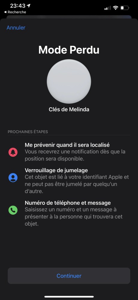 Vous pouvez passer votre AirTag en mode Perdu // Source : FRANDROID