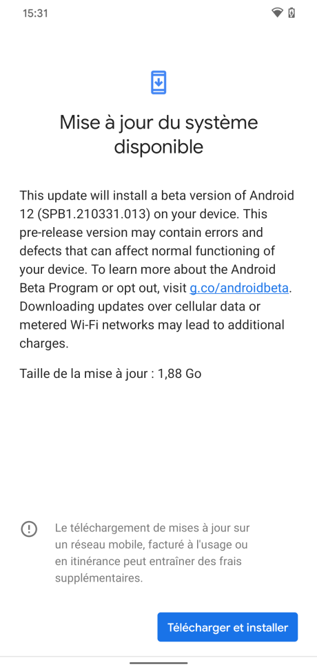 Installation de la bêta 1 d'Android 12 // Source : Frandroid